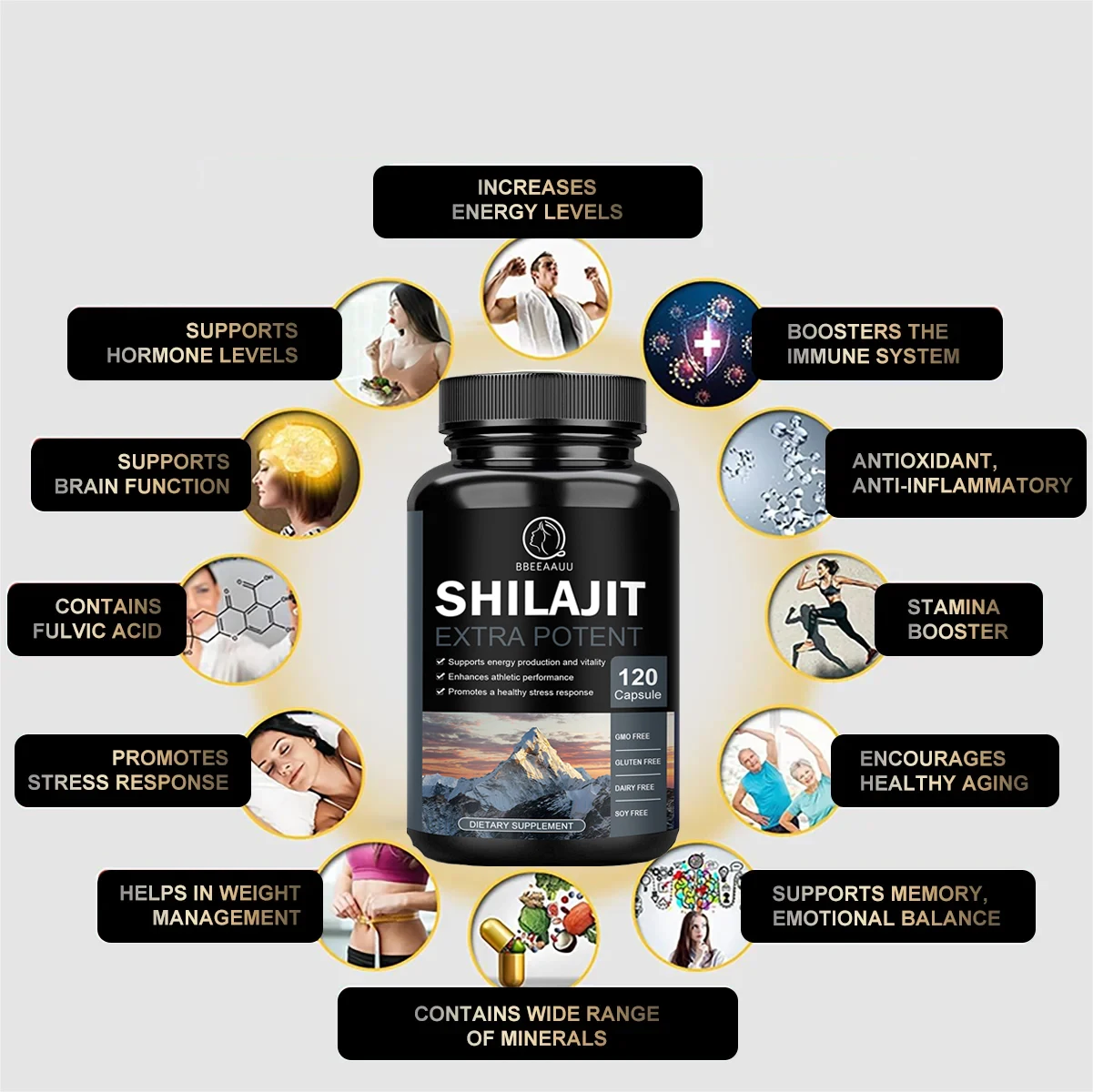 Ginseng Shilajit Capsules Shilajits Original 85+Trace Minerals Fulvic Humic Acids Brain, Focus, Memory and Immune Health