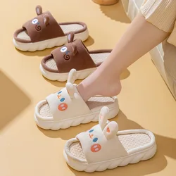 Zapatillas de lino para el hogar para mujer, chanclas con diseño de nubes de conejo, zapatos acogedores para dormitorio, sandalias de plataforma para parejas