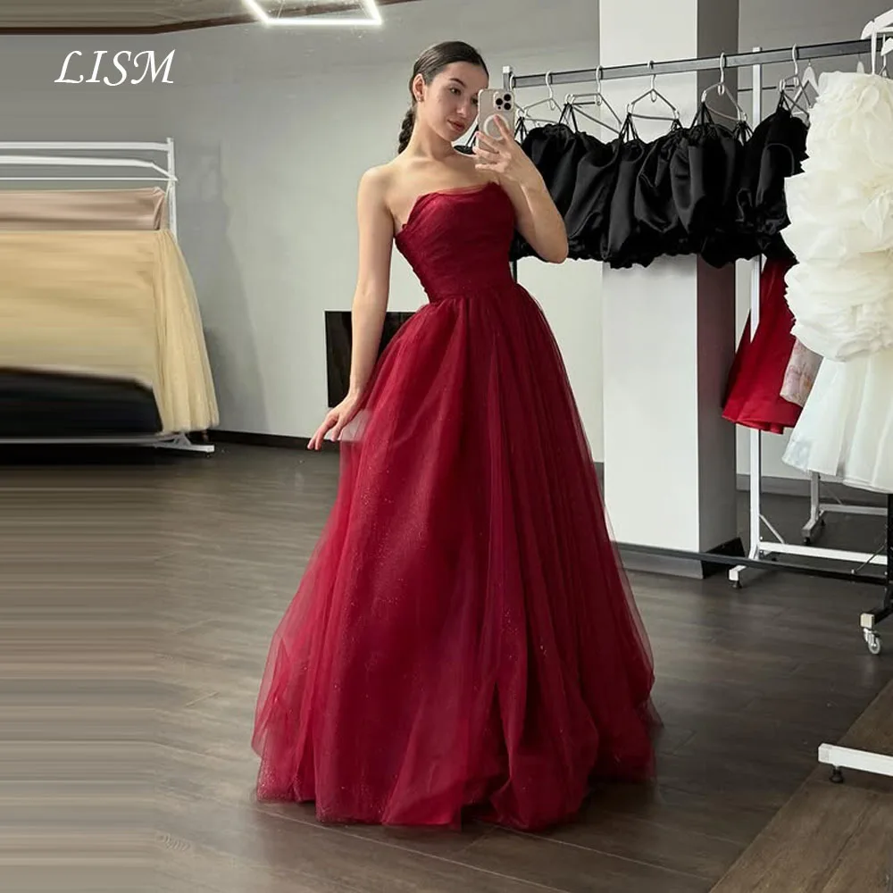 

LISM Красные корейские вечерние платья без бретелек для фотосессии Элегантные платья для выпускного вечера из мягкого тюля Индивидуальные коммерческие корсеты на спине