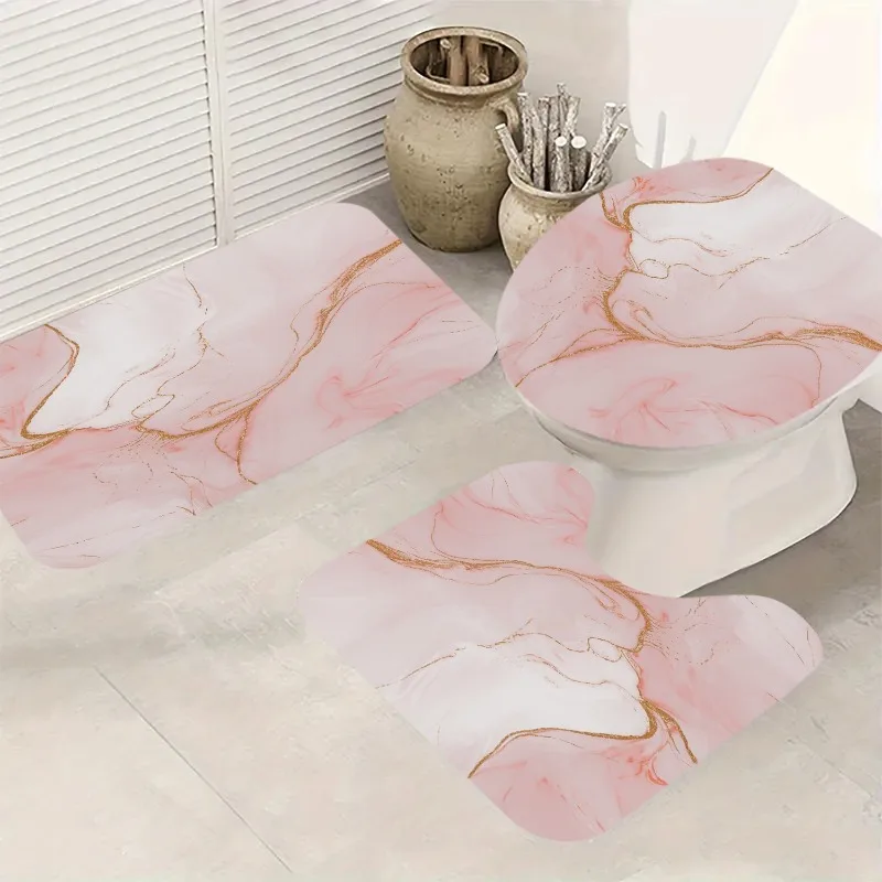 Pink Marble Bath Mat Set Luxury Bathroom Rug Gold Print Mat 3 Pcs Home Decor Gift