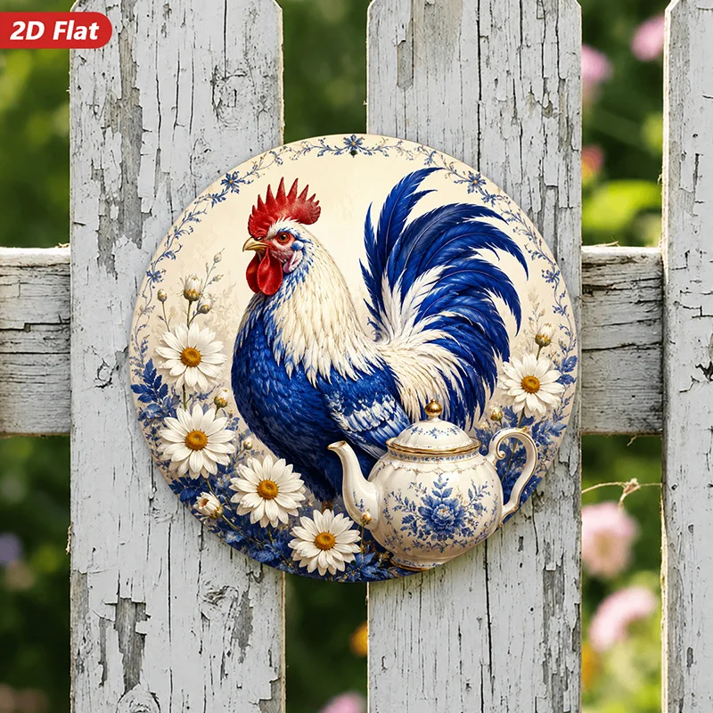 2D Flat, 1pc Blue Rooster Floral Round Metal Sign Wall Art, Blue White Rooster, Home Decor, Porcelain Teapot, Daisy Blossoms, Vi