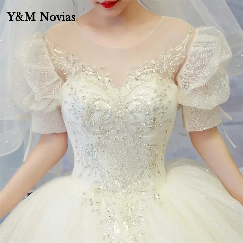 Y & m novias brilhante glitter vestidos de casamento do vintage manga curta miçangas princesa vestido de noiva clássico vestidos de baile plus size musselina