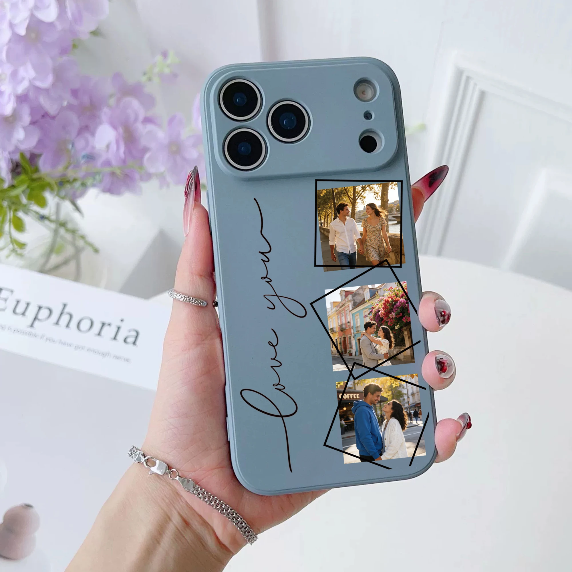 Op maat gemaakte hoes voor iPhone 17 16 15 14 13 12 11 Pro Max Plus Air met drie of vier foto's van familie, vrienden of koppels, van vloeibare siliconen gel. - afbeelding 2
