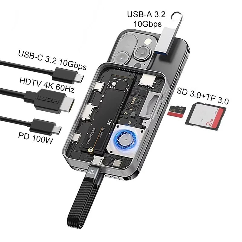 EE1 10Gbps Magnetic Docking Station & M.2 NVME SSD Enclosure USB C Hub 8 In 1 Support 4K60Hz ProRes HD Video for iPhone 17/16
