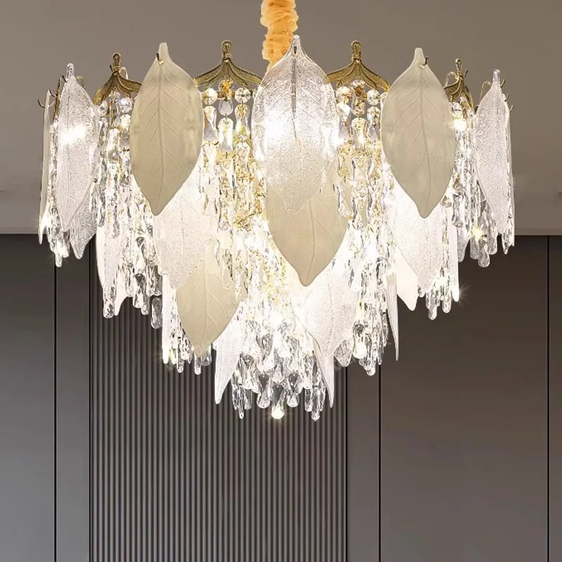 

Light Luxury Crystal Chandelier Postmodern Living Room Dining Room Home Decor Light Fixture Creative Feather Leaves Pendant Lamp