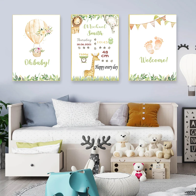 Personalized Custom Baby Birth Posters And Prints Nursery Decor Canvas Painting Cartoon Wall Art Picture Kids Baby Bedroom Decor