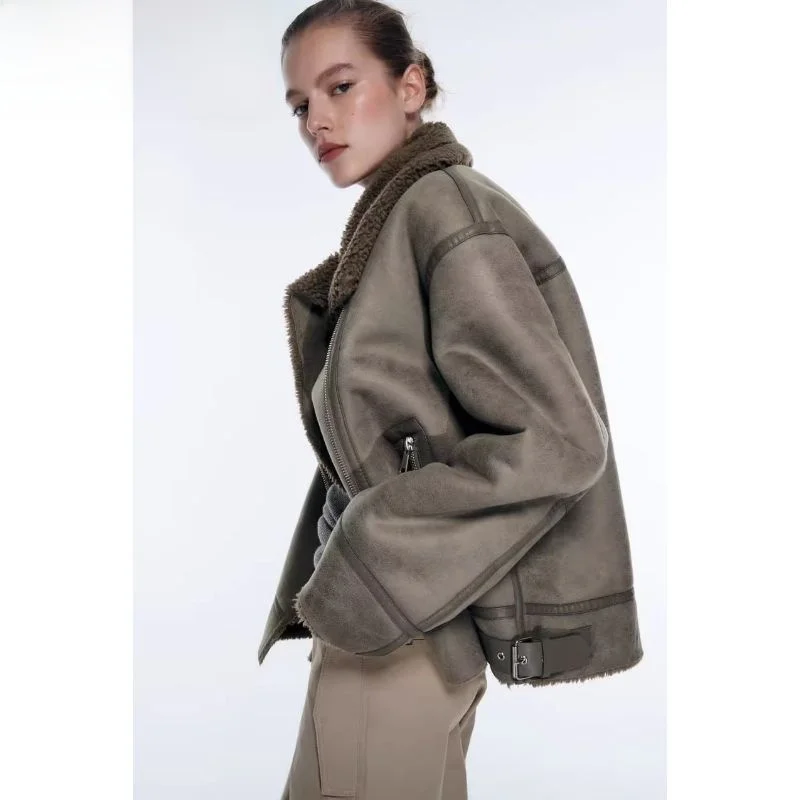 

Women's Biker Thien Leather Fur Inteated Double-Sided Jaet Outerwear Breathable Long Sve Zipper Closure Color