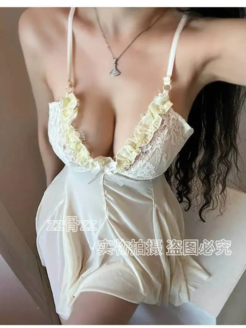 New Sweet Youthful Mesh Transparent Sexy Suspender Dress Elegant Short Lace Sheer V Neck Sweet Women Mini Dress Fairy Dress Y7C3