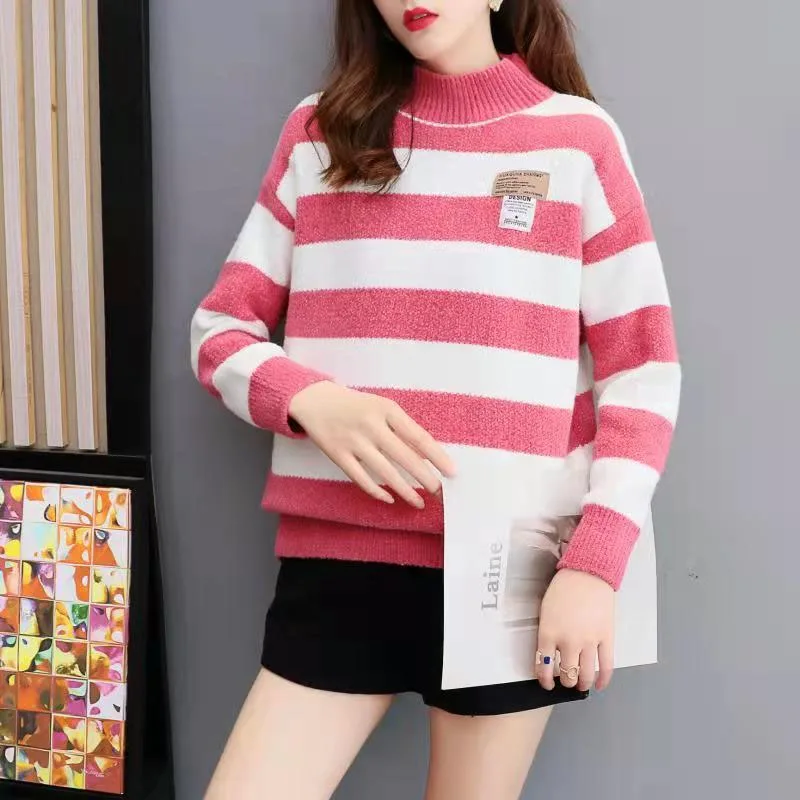 New Autumn/Winter Fashion Korean Edition Chenille Stripe Colored Half High Neck Loose Versatile Western Women\'s Knitted Sweater