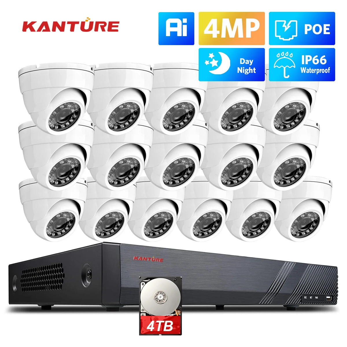 

KANTURE 16CH 2K 4MP Security POE IP Camera System Indoor Outdoor AI Human Detection Waterproof Video Surveillance Camera Kit 4TB