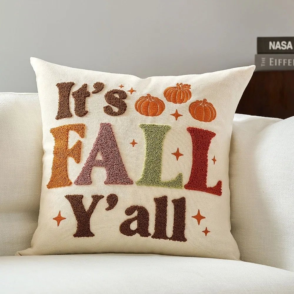 New Pumpkin Tufted Autumn Pillowcase Rustic Style Maple Leaves Throw Pillow Cover Soft Halloween Cushion Cover for Farmhouse