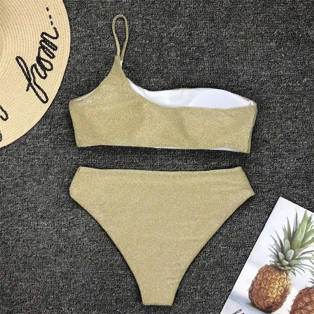 Glitzernder, funkelnder Bikini mit hoher Taille, Damen-Badeanzug, zweiteiliges Bikini-Set, One-Shoulder-Badeanzug V1264 – Detail 16