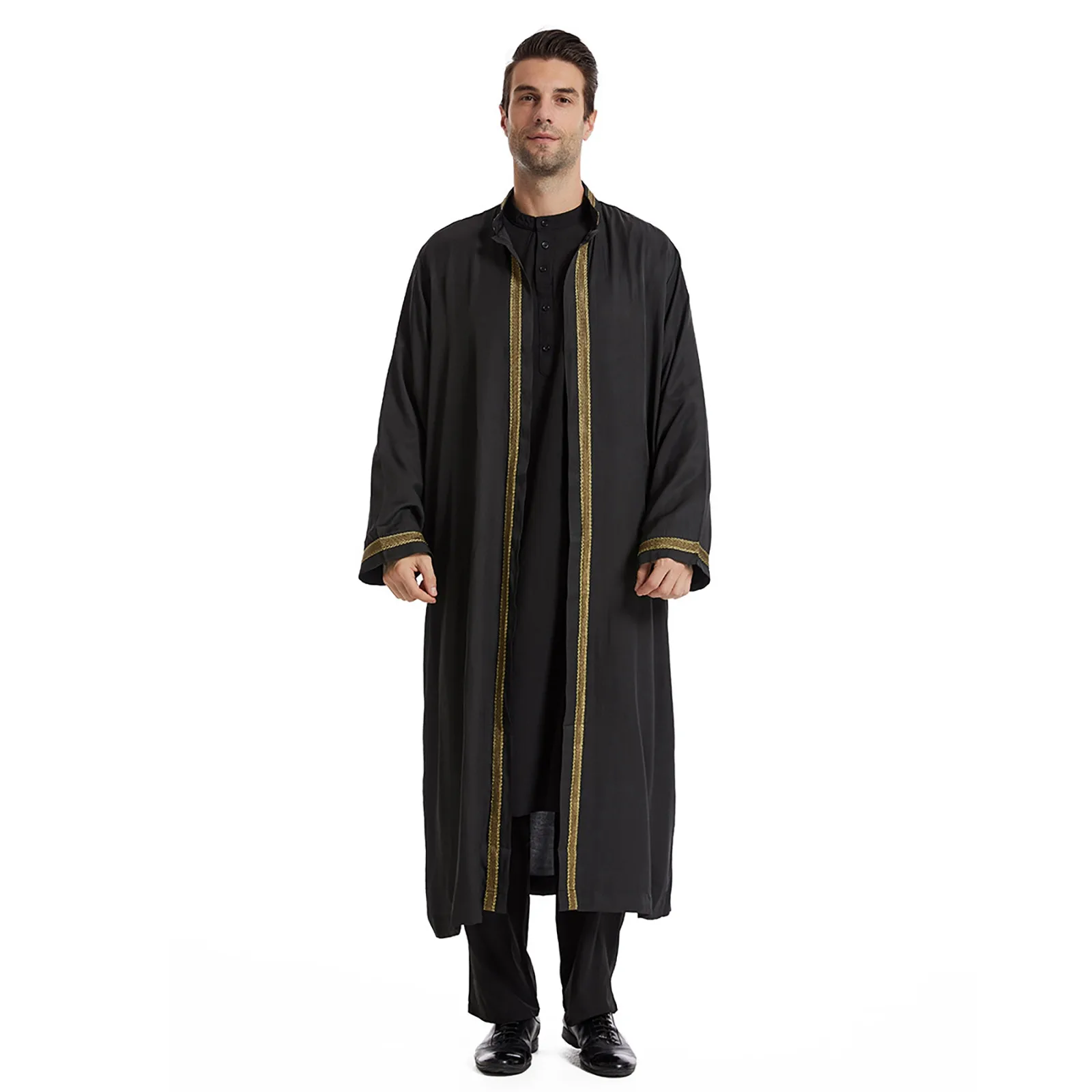 

Men Open Abaya Muslim Saudi Jubba Thobe Islamic Clothing Ramadan Kimono Long Sleeve Robe Caftan Dubai Stand Collar Arabic Dress