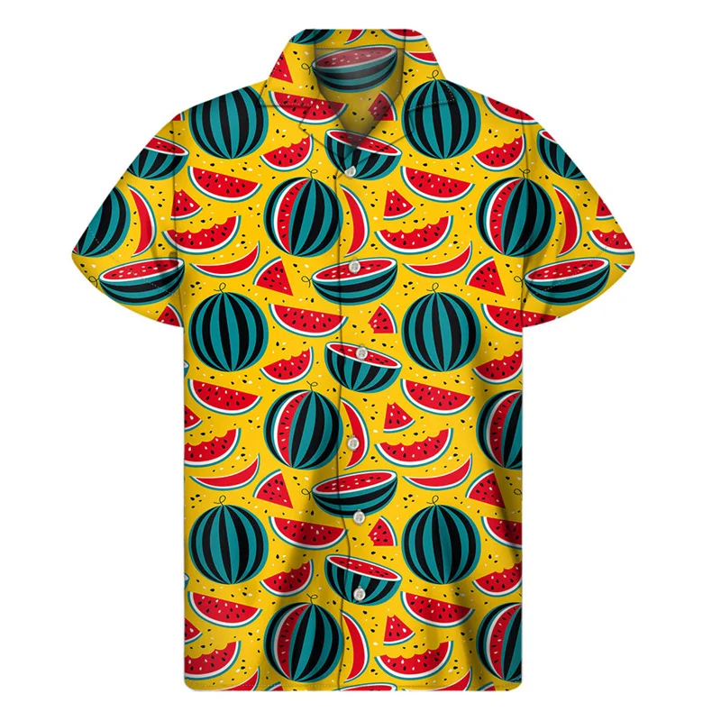 Tropical Watermelon Graphic Hawaiian Shirt Summer Street Short Sleeves 3d Printed Fruits Button Shirts Men Clothes Lapel Blouse