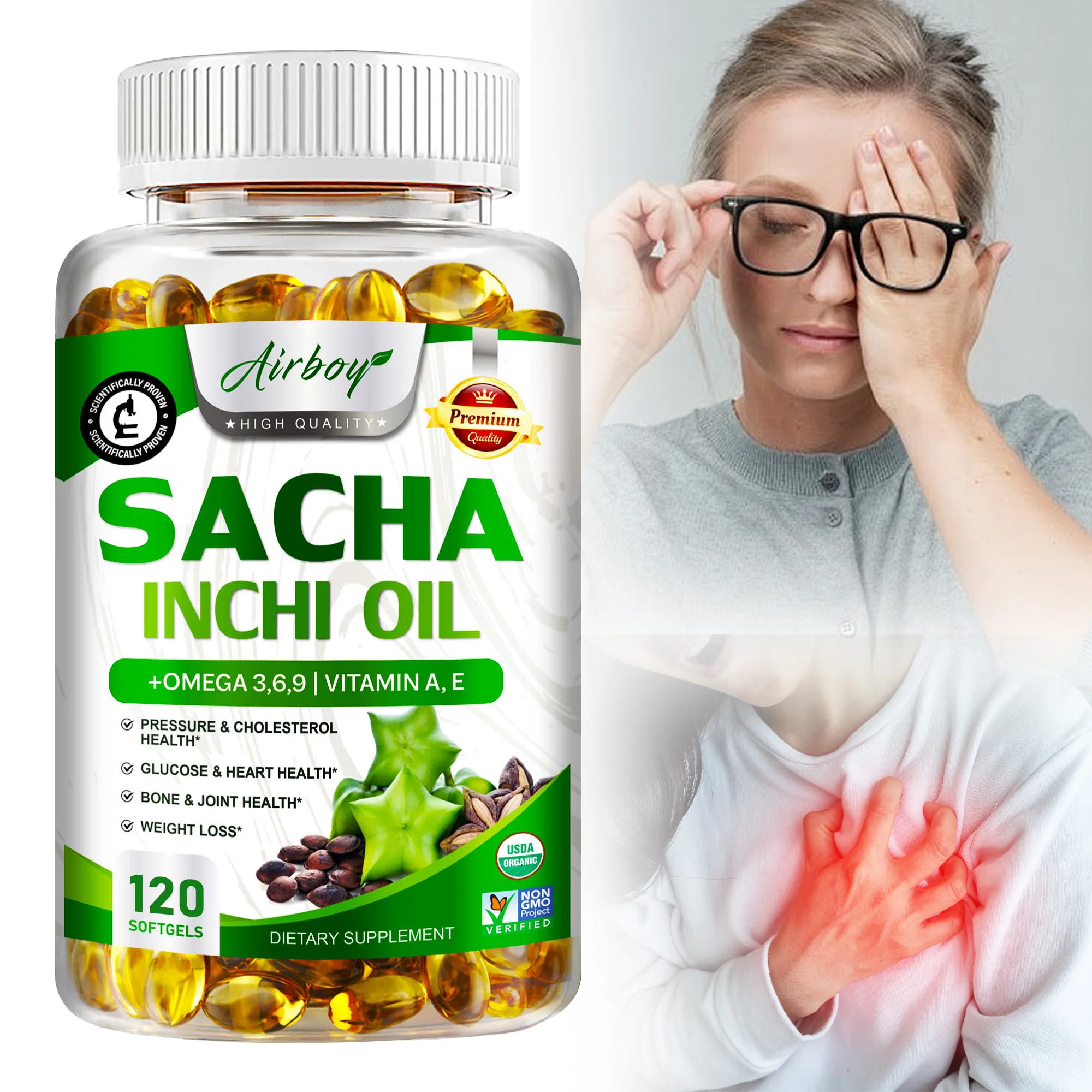Sacha Inchi Oil Capsules,Omega 3,6 and 9 Essential Fatty Acids Amino Acid - Lowers Blood Pressure,For Boost Eye,Heart,Skin,Nail