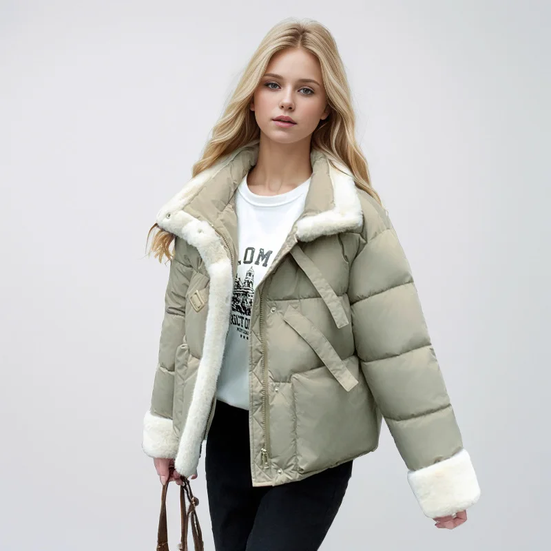 เสื้อแจ็คเก็ตพาร์กาผู้หญิงแบบต่อผ้าสำหรับฤดูหนาว แต่งสีตัดกัน ปกขนแกะ กระดุมแถวเดียว สไตล์เกาหลี สำหรับผู้หญิง