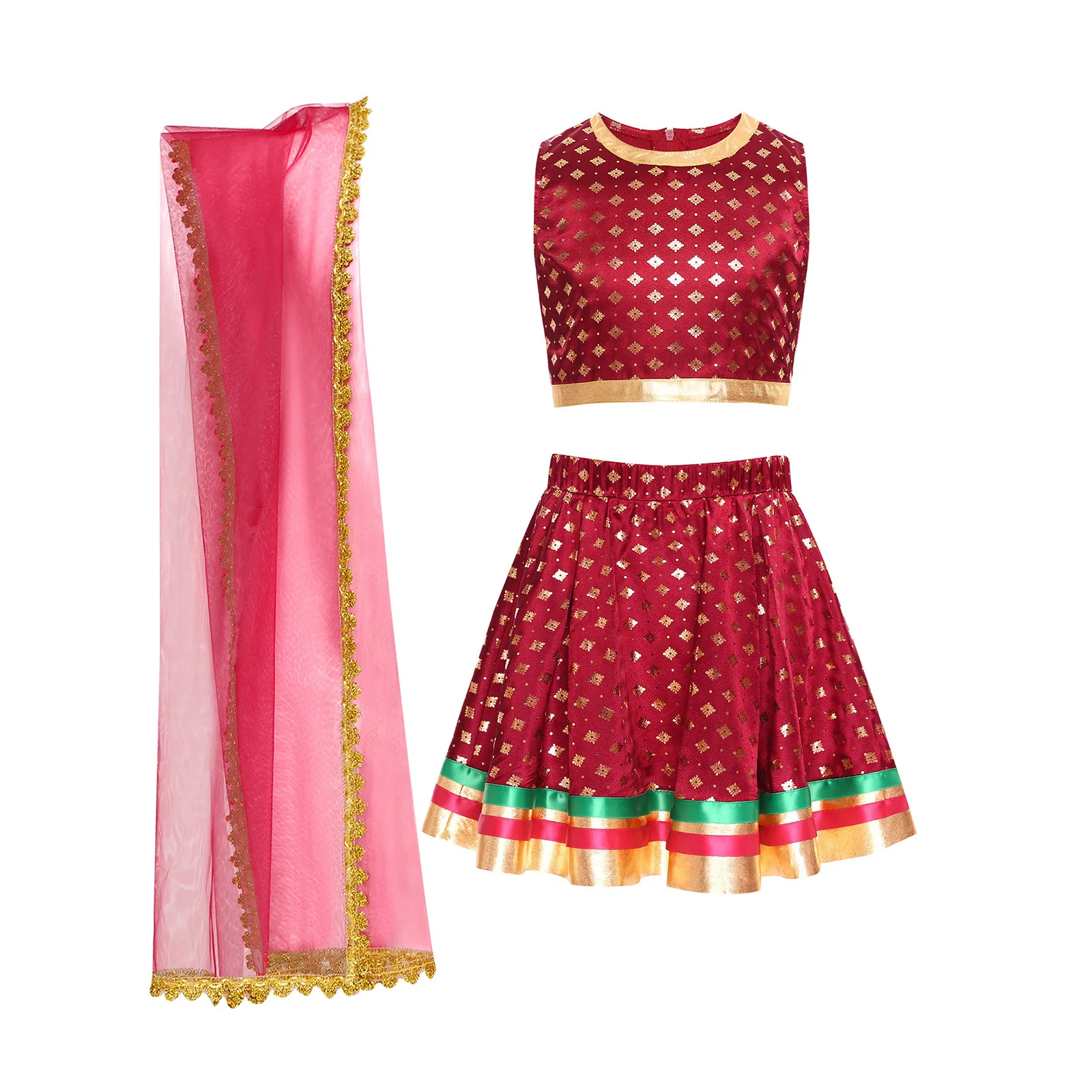 女の子ベリーダンス衣装インドダンスダンスウェアセットパフォーマンス衣装子供ショークロップトップとスカートチュールスカーフセット