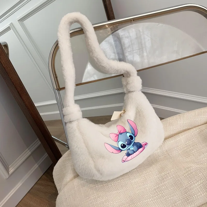 Lilo & Stitch Plush Underarm Bag Angel Ladies Shoulder Bags Women Y2K Furry Purse Fluffy Tote Packets Autumn and Winter Style