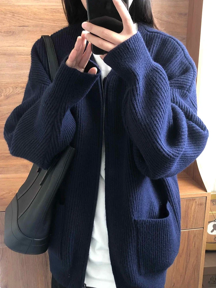

Women's Navy Blue Knitted Coats Autumn Double Zippers Cardigans Tops Solid Versatile Knitwear Leisure Female Sweater ZT183