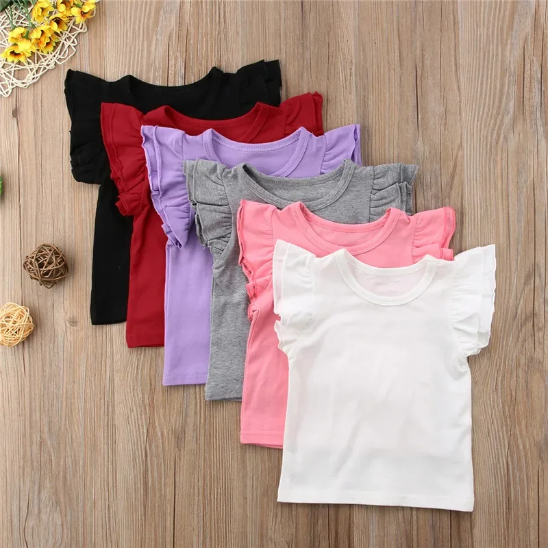 1-6Years Kids Girls Summer T-Shirt Cotton Flying Sleeves T-Shirt For Girls Solid Black White Pink Red Tee Tops