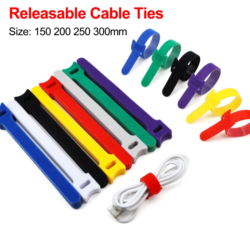 10pcs Reusable Cable Ties T-Type Tape 12x150 200 250 300mm Nylon Hook & Loop Fastener Adjustable Wire Management Cable Organizer