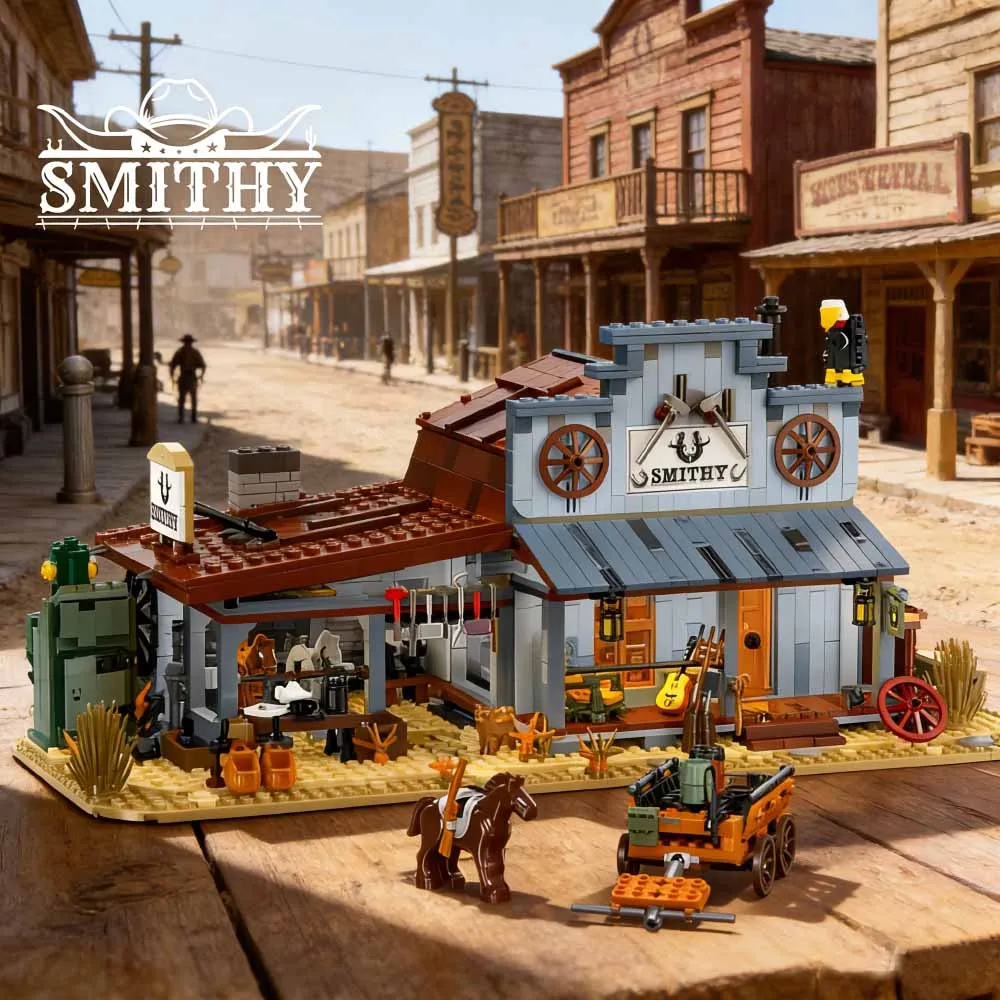 

Creative 1718pcs Classic Western Blacksmith Shop Buildings blocks MOC Street View diy educational toys