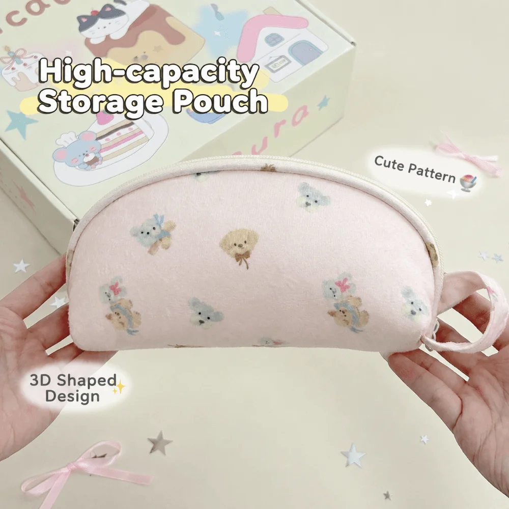 Cute Puppy Print Pencil Case With Handle Large Capacity Pen Bag Shell Shaped Multi Compartment Stationery Bag School Supplies