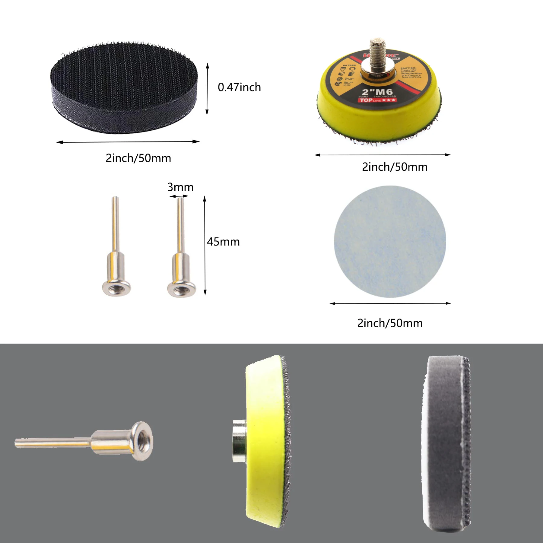 2 Inch Hook and Loop Sandpaper 124 Pcs with 1/8" Shank Backer Plate for Wood Stone Lacquer Surface Mirror Surface Treatment