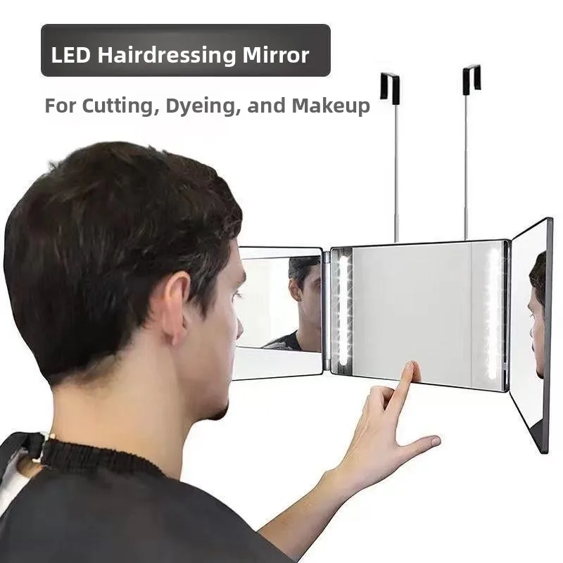 LED Full Body Haircutting Mirror Self-Service Triple Mirror 360 Degree Resin Frame Contemporary Creative Cultural Makeup Mirror