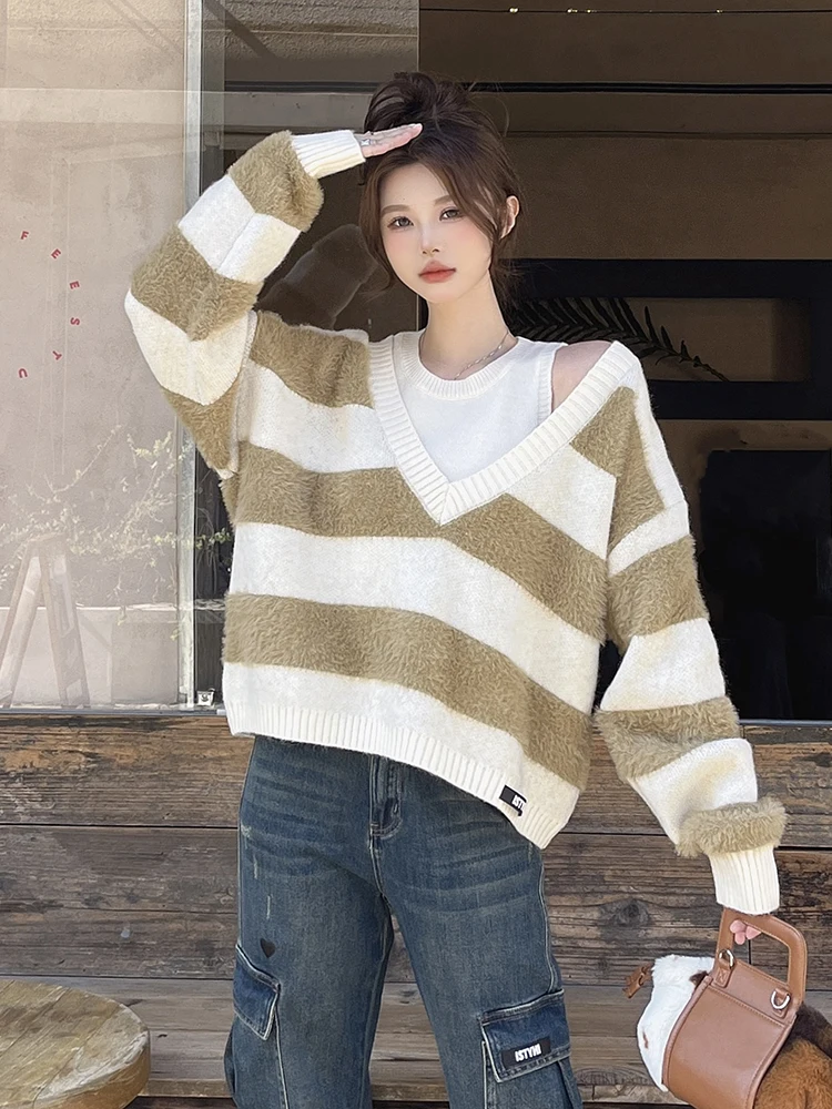 

ISNI Store Striped Knitted Sweater V-Ne Loose Lazy Top Women's Autumn Winter New Sle Two-Piece Set Sweet Sle Long Sve