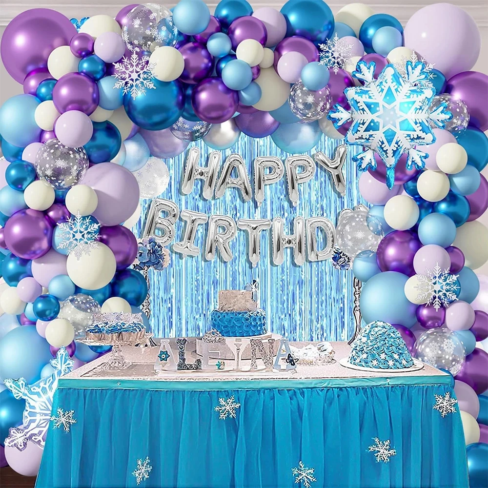 126Pcs Blue Purple White Balloon Arch Kit,Frozen Snowflake Foil Balloon for Princess Wonderland Birthday Party Baby Shower Decor view 3