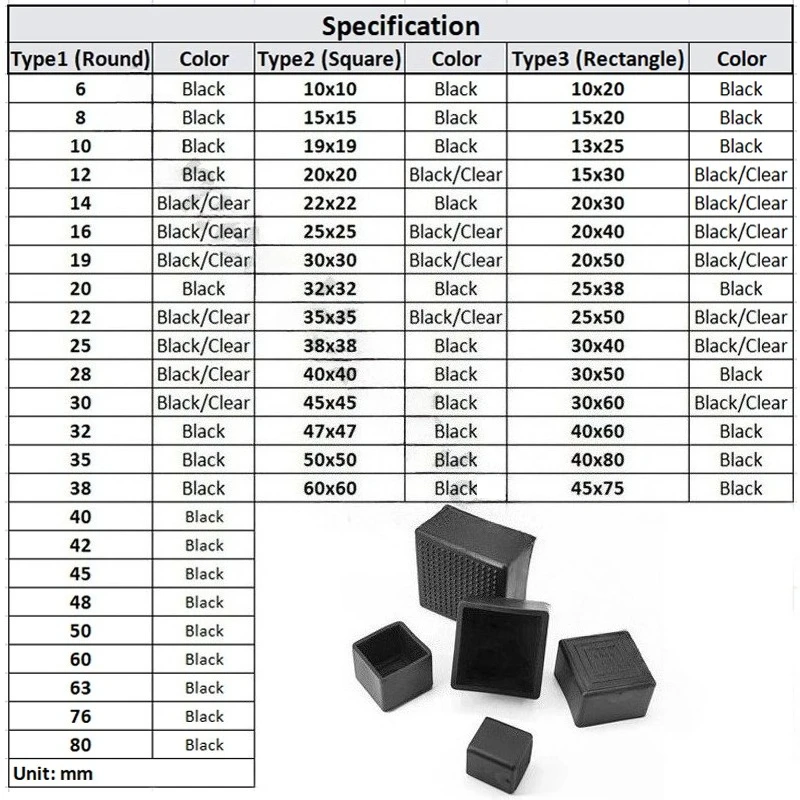 Black Square PVC Silicone Chair Leg Table Foot Caps Furniture Leveling Cover