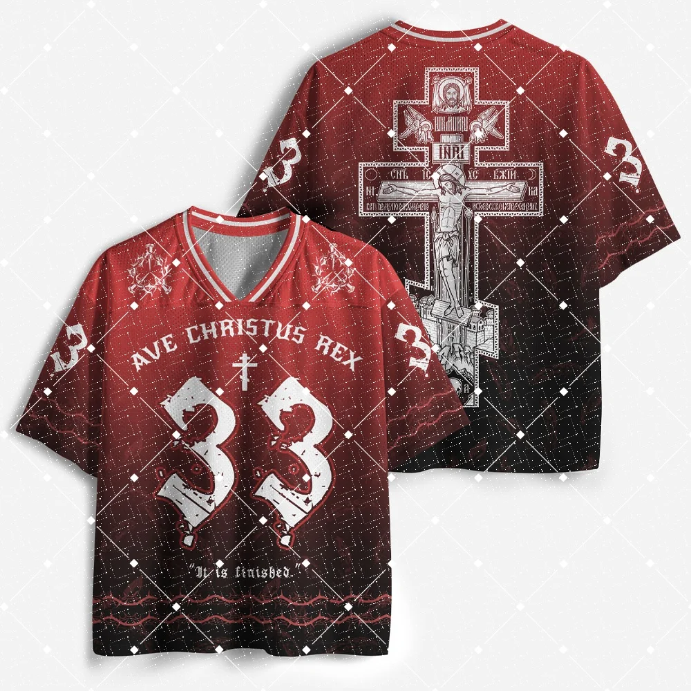 Gothic V‑Neck Jersey T‑Shirt Religious Cross 33 Number Print Gradient Red Black Short Sleeve Streetwear Hip‑Hop Oversized Tee