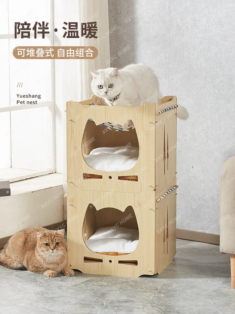 Pet Wooden House Cat Nest Dog Nest Upper and Lower Layer Cat Hammock Double Layer