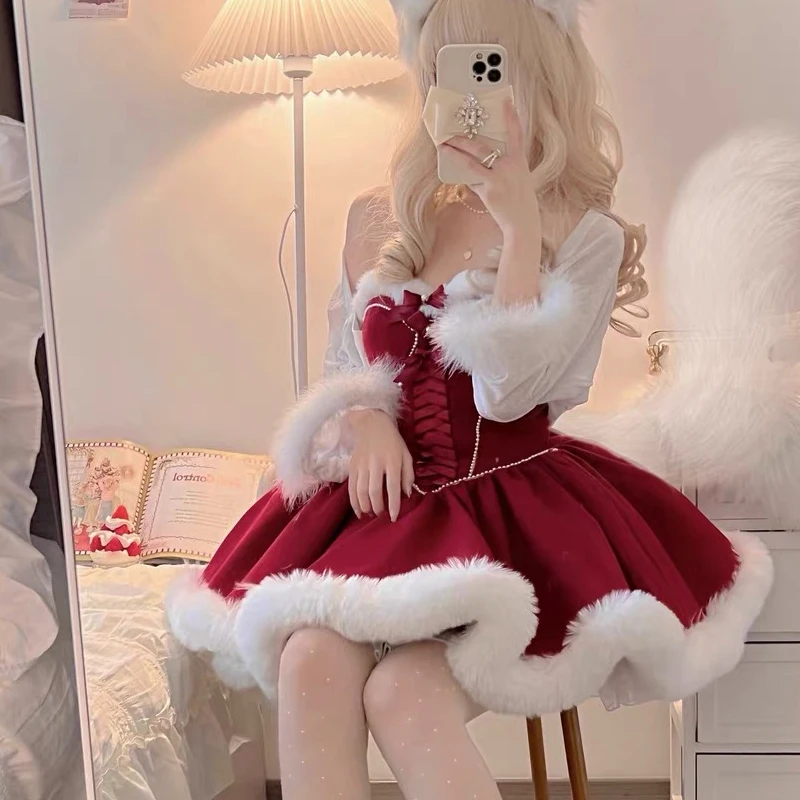 Mooie Rode Meid Lolita Jurk Kawaii Halloween Outfits Prinses Rok Kawaii Kerstjurk Kostuum Vrouwen Santa Claus Pak