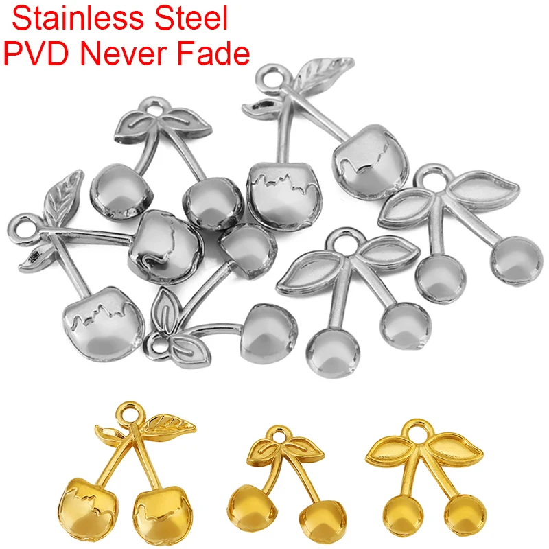 5pcs Stainless Steel Cherry Charms Beads 13 15 17 mm PVD Never Fade Necklace Beads Pendants For Bracelet Findings Jewelry Making