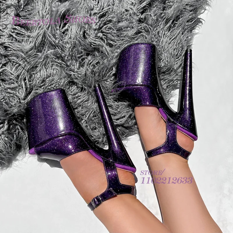 Dark Purple Sexy Platform Sandals Woman Slingback High Heels Black Glitter Round Slingback Pump Spring Stage Girl Bling Shoes