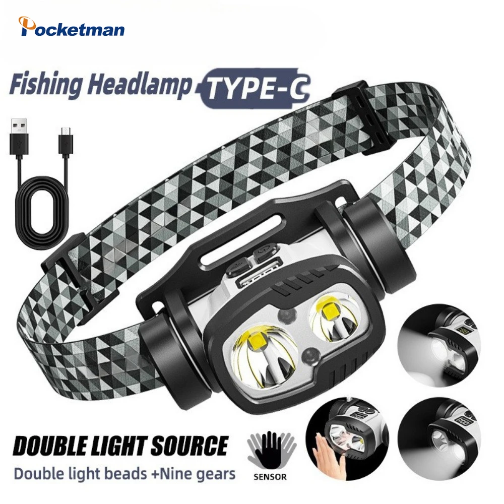 強力な-led-ヘッドランプ-10-モード軽量ヘッドライト-usb-充電式センサーヘッドライト屋外キャンプ防水ハイキングランタン