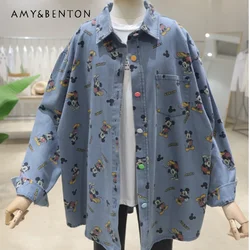 High Quality Soft Comfortable Age-Reducing Full Body Cartoon 2024 Spring Loose Mid-Length Denim Shirt Jacket Top Women