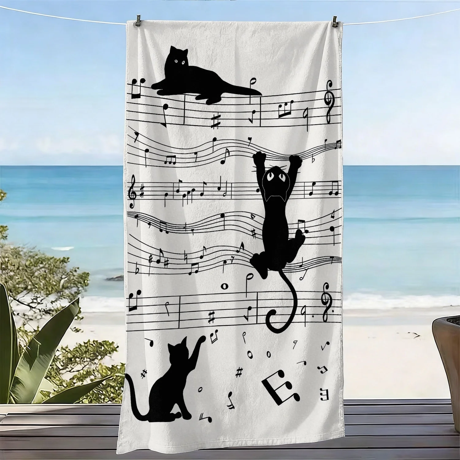 Large Soft Cartoon Cat Music Notes Style Beach Towel Microfiber Bath Towel Quick-Dry and Super Absorbent Ideal for Beach