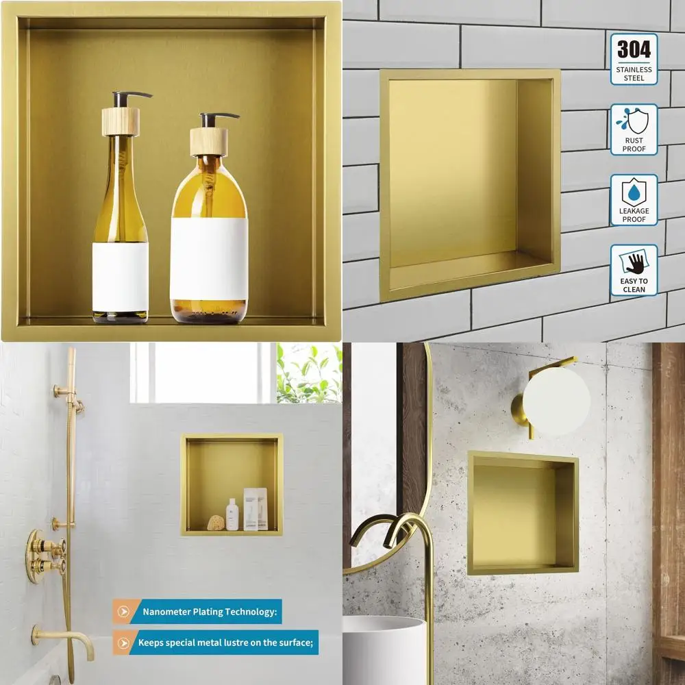 

12 x 12 Recessed Shower Shelf, Stainless Steel Caddy for 11 x 11 Wall Opening, Gold Finish