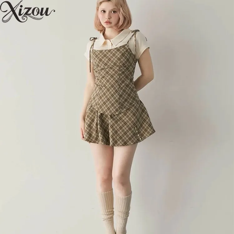 Conjuntos de 3 piezas para mujer, camisa de manga corta de estilo japonés + camisola a cuadros + falda a cuadros, traje informal elegante para mujer de verano