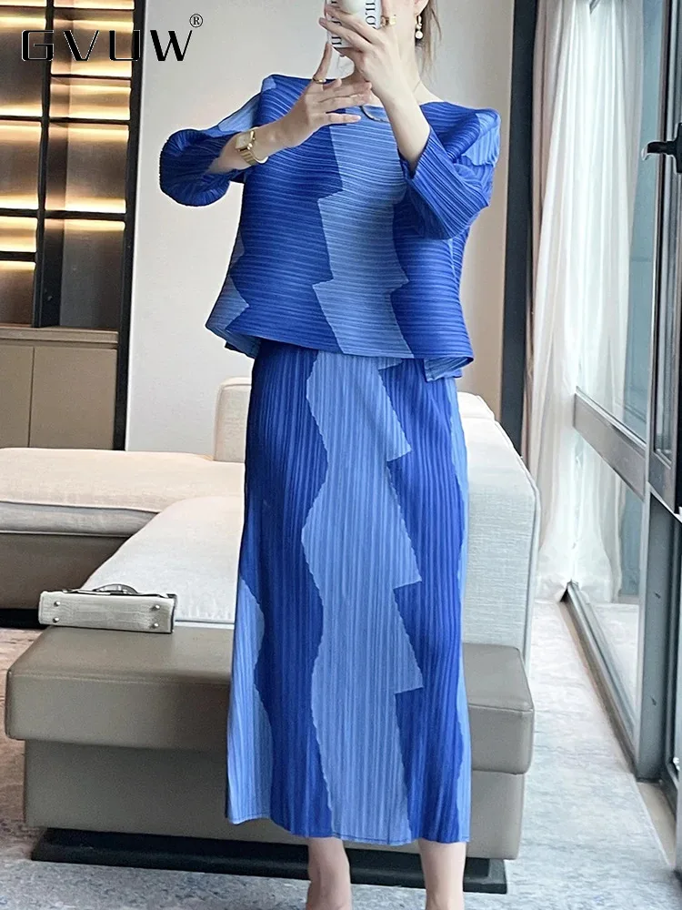 GVUW Fashion Pleated Two Piece Sets Women Color Block Full Sleeve Round Collar Top + Skirt Elegant Lady New Summer 2024 17G5972