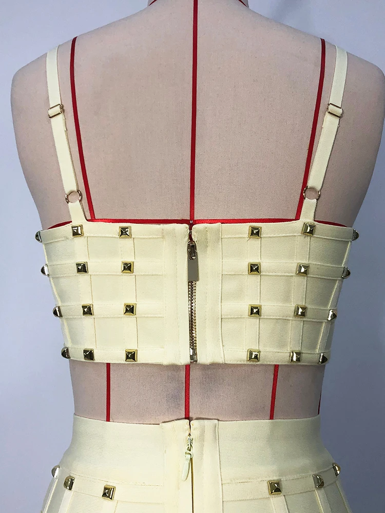 2026 Pale Yellow Studded Bandage Two Piece Set Spaghetti Strap Crop Top & High Waist Midi Pencil Skirt For Cocktail&Summer Party