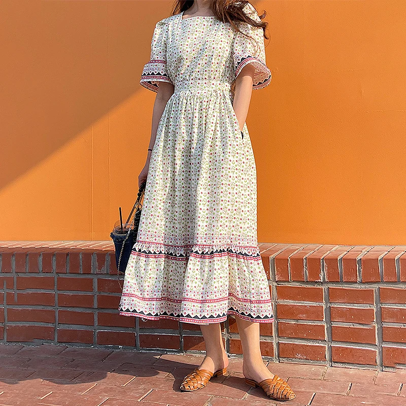 Retro ort Sve Floral Patchwork Color Blo Striped Waist Cinched Fi Tail Dr Women's Summer Ethnic Sle Dr