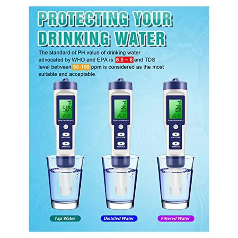 A60F-0-14 PH Meter 5 In 1 TDS/EC/SALT/TEMP/PH Meter For Drinking Water, Pool And Fish Tank