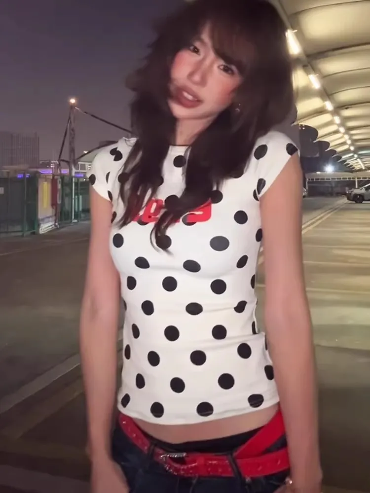 American Style Short Sleeve T-Shirt Women's Slim Fit Summer New Design Polka Dot Print Lettering Casual Top City Walk Sport