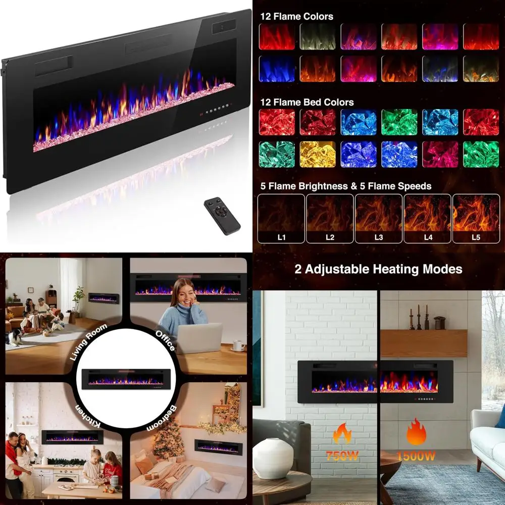 

Ультратонкий настенный электрический камин с дистанционным управлением, 12-цветным регулируемым пламенем и яркостью.
