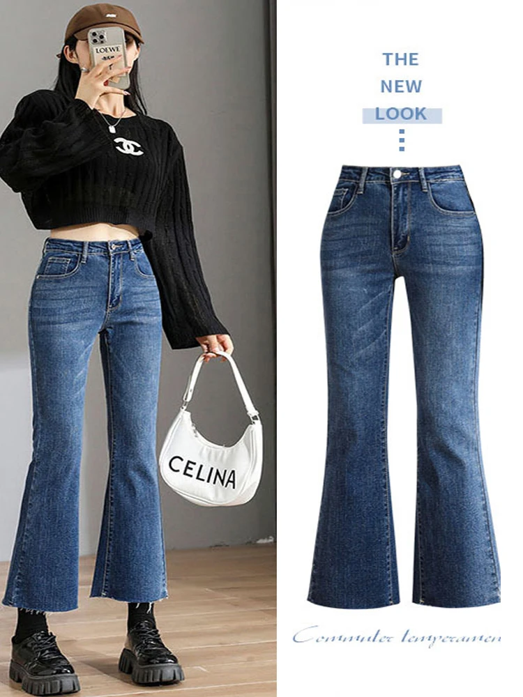 

Flared women jeans y2k ankle length street wear high stretch deep blue women's clothing 2022 latest fashion denim pants Harajuku