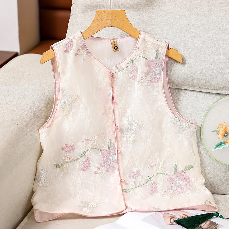 

New 2025 Embroidered Chinese Sle Women's Vest Svel Button up Top Flower Pattern Loose Fit Cardigan Polyester Fabric